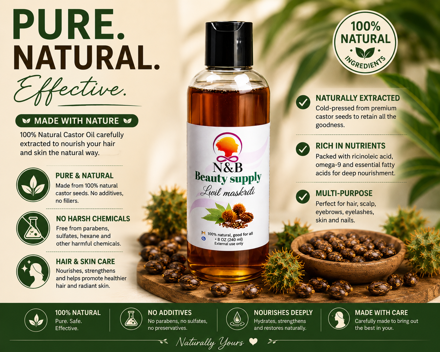 Premium Natural Castor Oil for Hair & Skin – 8 oz